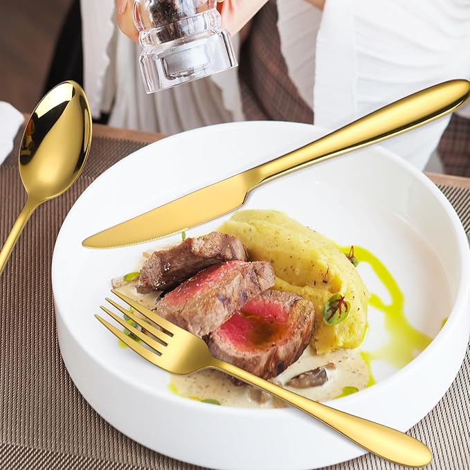 Gold Silverware Set for 8 Stainless Steel Flatware 40 Pieces Forks Knives and Spoons Heavy Utensils Thick Handle for Restaurant Parties Formal Occasions Everyday Use