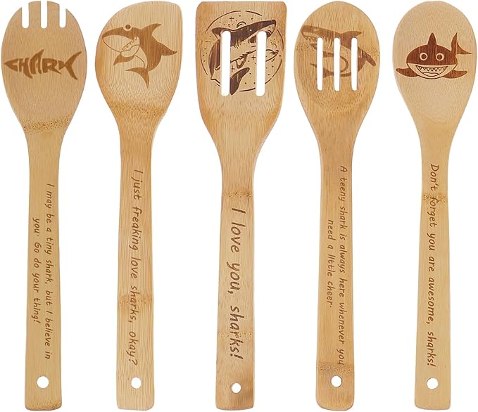 5PCS Shark Wooden Cooking Spoons Set Shark Gifts for Women Kitchen Decor Bamboo Cooking Utensil Spoons for Housewarming Wedding Anniversary Thanksgiving Christmas Gifts Mom Women