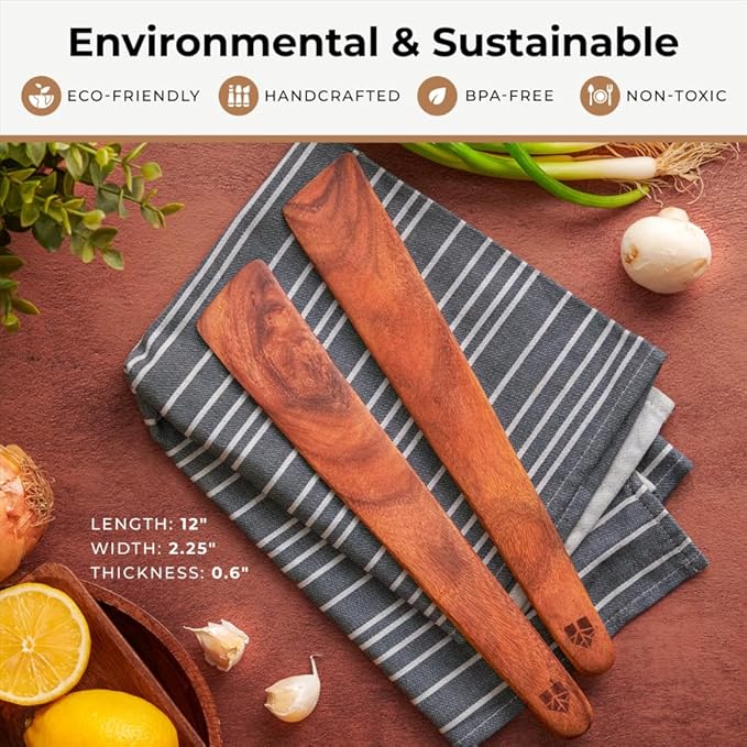 Wooden Spatula for Cooking Set of 2 – 12 Inch Teak Spatula Turner & Flipper for Cast Iron, Flat Egg & Pancake Scraper – Utensils by Woodenhouse - White Elephant Gift ideas, Kitchen Gifts for Women Men