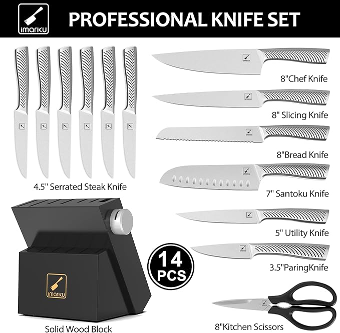 imarku 14-Piece Knife Block Set, Knife Set with Block and Build-in Sharpener, Japanese Stainless Steel Knife Set for Lasting Sharpness, Dishwasher Safe, Black