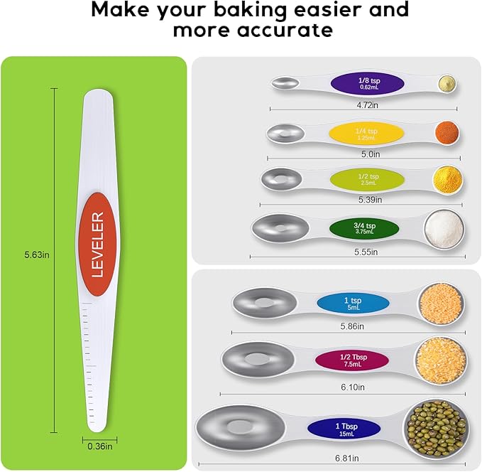 Magnetic Measuring Spoons Set Of 8, Heavy Duty 304 Stainless Steel Metal, Fits in Most Kitchen Spice Jars for Baking & Cooking, BPA Free,Measuring Dry & Liquid Ingredients (Light Colorful)