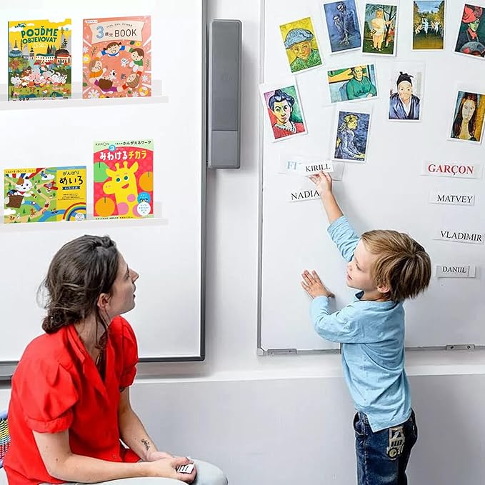 2 Pack Magnetic Book Shelf for Classroom, Strong 8.8lb Magnet Acrylic Whiteboard Shelves, Teacher Supplies Organizer for Kids Books, Posters, Flash Cards, Classroom Accessories Storage (white)