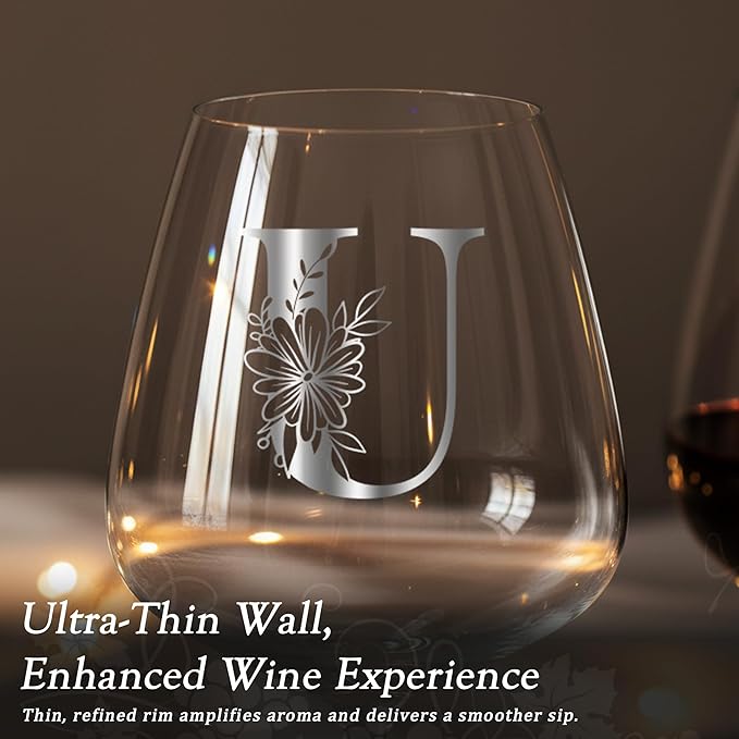 MNZZ Initial Crystal Wine Glass for Women Thank you Appreciation Gratitude Gifts Female Teacher End of Year Aide Nurse Pastor Team Mom Coach Co Worker Secretary Doctor Guidance Counselor Present,U