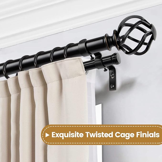 KAMANINA 1 Inch Double Curtain Rods 36 to 72 Inches (3-6 Feet) Window Telescoping Drapery Rod, Black Heavy Duty Curtain Rods for Windows, Twisted Cage Finials