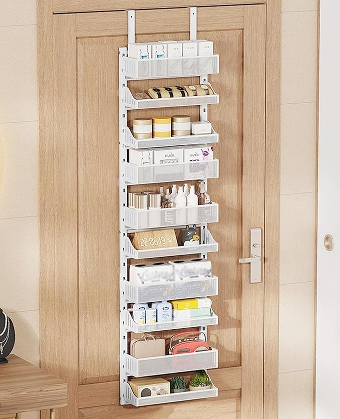 Aupekro 10-Tier Over the Door Pantry Organizer Rack, Pantry Door Organizer Shelves, Adjustable Hanging Spice Rack Seasoning Shelves, Large Capacity Door Storage Shelf for Kitchen, Bathroom (White)