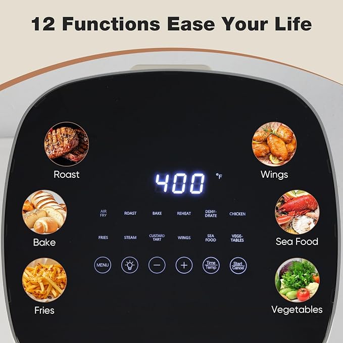 OLIXIS Air Fryer 6 Quart with Window Square Air Fryer 12-in-1 Air Fry, Roast, Reheat, Dehydrate, Bake, Steam, Fries, Custard, Chicken, Wings, Sea Food, Vegetabels,400F Grey