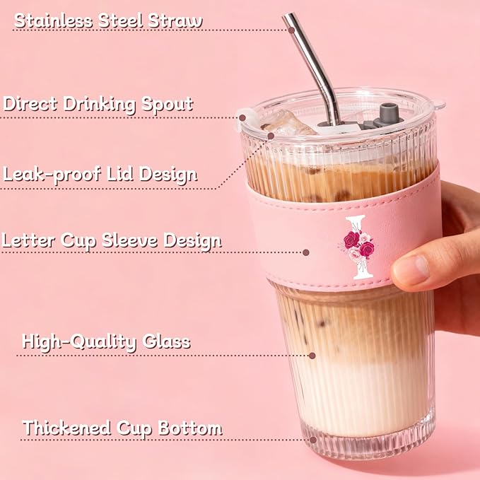 Personalized Gifts for Women,20oz Ribbed Glass Tumbler,Monogrammed Gifts for Women,Birthday Gift,Ice Coffee Mug,Christmas Gift for Mom Sister-I