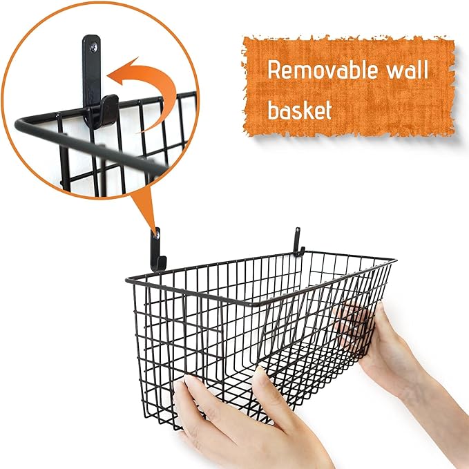 Wall Basket, 4 Set Extra Large Hanging Baskets for Organizing with Hooks, Rustic Farmhouse Decor, Wall Mount Metal Baskets for Bathroom Office Kitchen Cabinet Storage (Black)