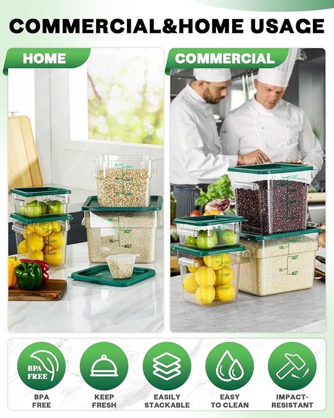 2QT NSF Food Storage Containers with Lids: 6 PCS [Total Food Grade][Hot&Cold Resistant] Commercial Clear Food Storage Containers for Restaurant Kitchen Proof Dough, Measuring Spoons Included(Green)