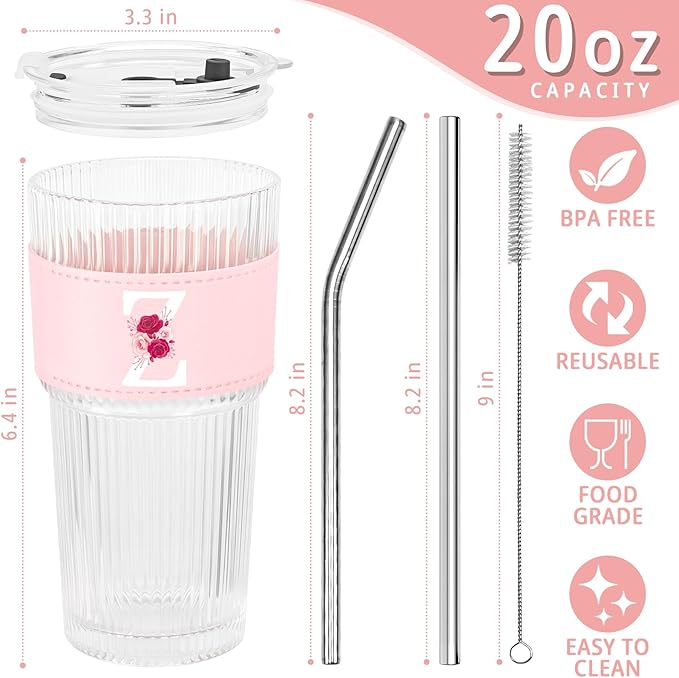 Personalized Gifts for Women,20oz Ribbed Glass Tumbler,Monogrammed Gifts for Women,Birthday Gift,Ice Coffee Mug,Christmas Gift for Mom Sister-Z