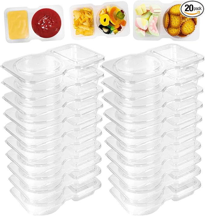 20 Sets Double Compartment Condiment Containers with lids, Reusable Snack Pack Containers, Used For Portioning Fruits,Storing Food Dips and Carrying Snacks