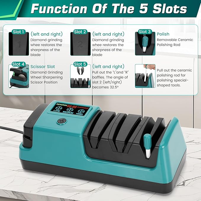 Electric Knife Sharpener with LCD Screen for Straight, Serrated, Meat Cleaver, Ceramic Knives & Scissors, 3 Rotational Speed Adjustable Electric Kitchen Knife Sharpener, 100% Diamond Abrasives