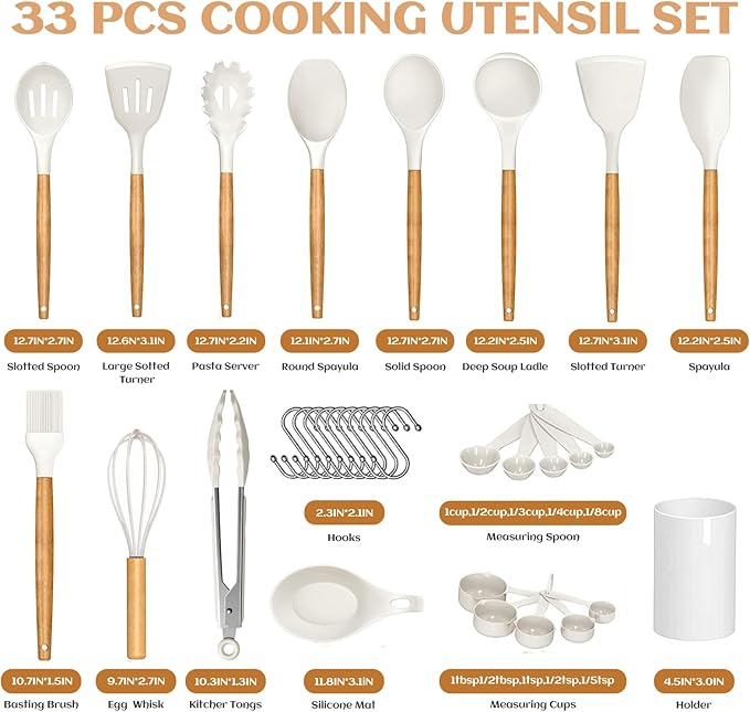 Kitchen Cooking Silicone Utensils Set, 33 pce Rubber Spatula Cookware Accessories For Home, Chef Decor Appliances, Nonstick Heat Resistant Silicona can withstand temperatures up to 446 (33 pce white)