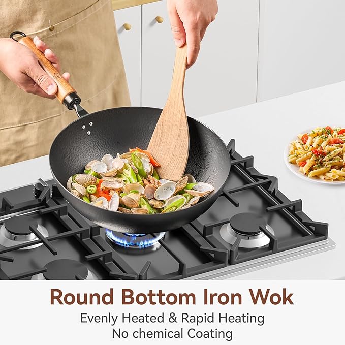 WANGYUANJI 11 Inch Round Bottom Iron Wok, Hand-Hammered Uncoated Wok with Wooden Handle, Traditional Stir-Fry Pan for Gas Stove or Wok Ring, Not for Flat Cooktops