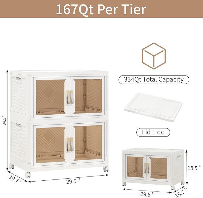 Large Stackable Storage Bins with Lids, 334QT-167QT*2Pack Foldable Cabinet for Closet Organizers, Plastic Storage Containers Box with Wheels
