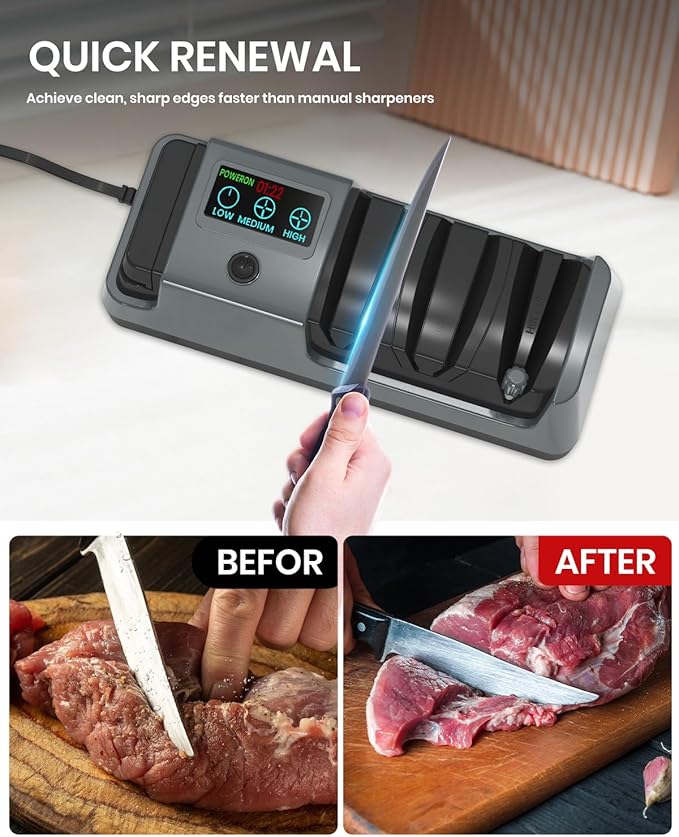 Upgrade 5 in 1 Electric Knife Sharpener with LCD Screen, 3 Rotational Speed Adjustable, 100% Diamond Abrasives, knife sharpener for Straight, Serrated, Meat Cleaver, Ceramic Knives Electric Knife