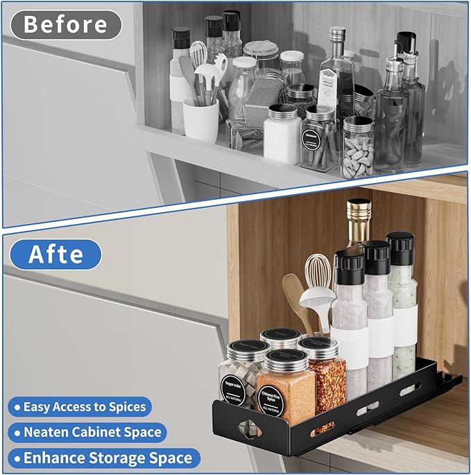 Pull Out Spice Rack Organizer for Cabinet, Heavy Duty Spice Organizer for Cabinet, Vertical Spice Rack for Kitchen, Cabinet, Pantry, Cupboard (4.2''Wx10.5''Dx2.8''H, Metal Black)