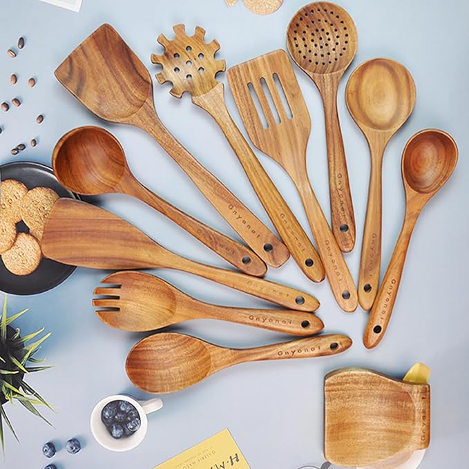 Wooden Spoons for Cooking,Wooden Utensils for Cooking 11 Pcs Wooden Kitchen Utensils Set Wooden Spatulas for Cooking Wooden Cooking Utensils with Holder, 14.37*4.13*3.54, Brown