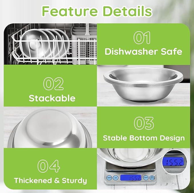 304(18/8) Stainless Steel Mixing Bowls for Kitchen, 6 Pack 7.8" 28.89 fl.oz Metal Mixing Bowls Set Stackable for Baking Serving Cooking Food Prep Storage Dishwasher Safe Heavy Duty