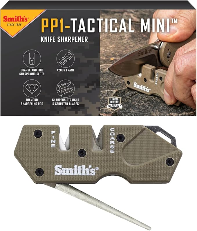 Smith’s Pocket Pal Tactical Knife Sharpener - 2 Stage Sharpener & Diamond Sharpening Rod - Pocket Clip - Outdoor Hunting Knife & Hook Sharpener - Compact & Lightweight