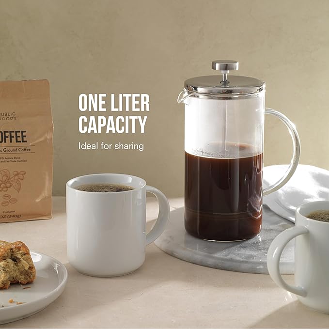 Public Goods 34 oz. French Press Coffee Maker | 1 Liter High-Heat Borosilicate Glass French Press | Stainless Steel Lid | Heat-Resistant, Durable, Dishwasher Safe
