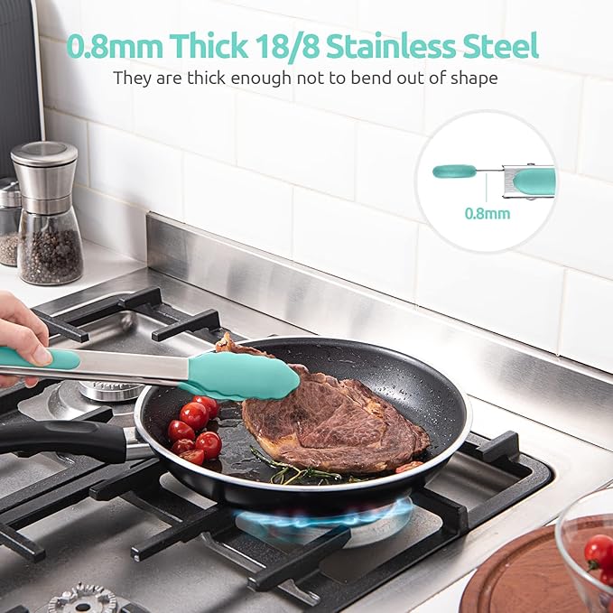 600ºF Heat Resistant Kitchen Tongs: U-Taste 12 in Large Silicone Cooking Tong with Sturdy Non Stick Rubber Tips & Silicon Coated 18/8 Stainless Steel Handle & Smooth Locking for Serving Grill-Aqua Sky