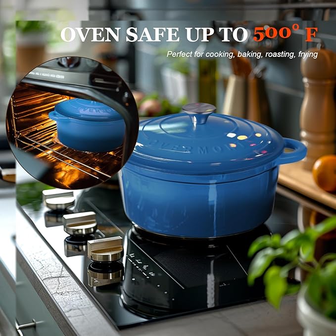 Overmont Enameled Cast Iron Dutch Oven - 5.5QT Pot with Lid Cookbook & Cotton Potholders - Heavy-Duty Cookware for Braising, Stews, Roasting, Bread Baking blue