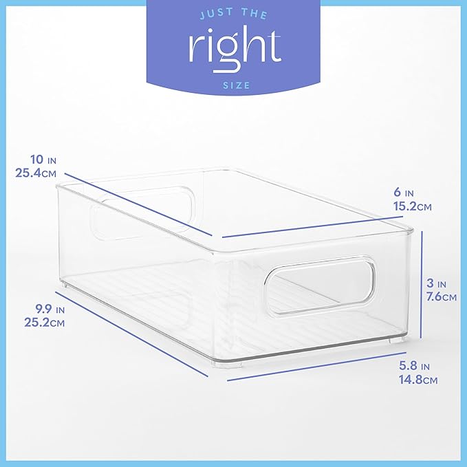 primebox Plastic Food Storage 4 Pack Clear Container Bin with Handles for Organizing Kitchen, Pantry, Refrigerator, Freezer, Pantry, Cabinet, Closet, Bathroom. Stackable 10”x6”x3”