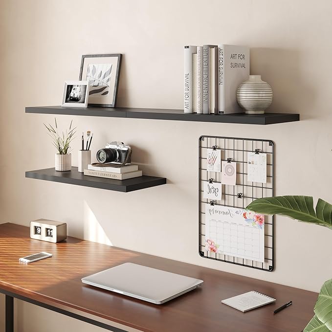 Wall Shelf Set of 2, Black Floating Shelves 36 in W x 10 in D x 1 in H, Wooden Floating Wall Shelf with Invisible Brackets for Living Room/Bedroom/Bathroom/Kitchen Storage and Decor