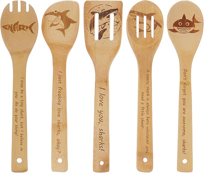 5PCS Shark Wooden Cooking Spoons Kitchen Decor Shark Gifts for Women Men Shark Lovers Birthday Gifts Party Favors Housewarming Wedding Bamboo Cooking Spoons for Everyday Use