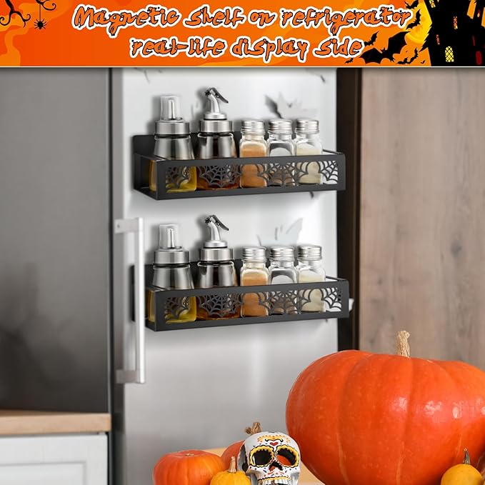 2 Pack Spider Web Magnetic Spice Rack for Refrigerator Metal Magnet Basket Shelf for Fridge Seasoning Storage Organizers Home Decor Kitchen Accessories (Black)