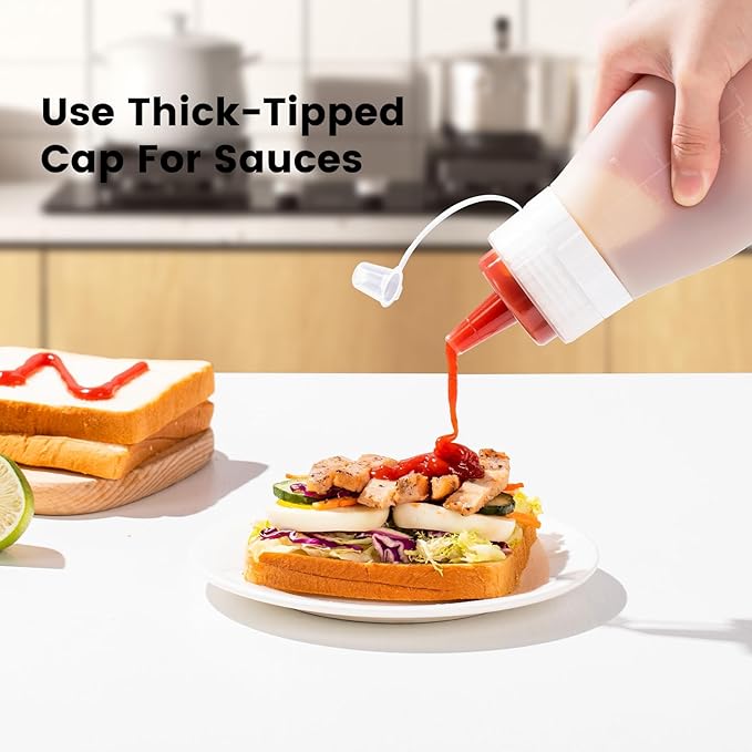 Condiment Squeeze Bottles, 12 oz Silicone Squeeze Bottles For Sauces, Leak Proof Condiment Containers with Extra Interchangeable lid, Easy Squeeze for Oil, Honey & Dressings, BPA FREE (4 Pack)