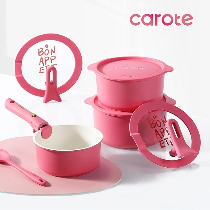 CAROTE Ceramic Sauce Pan Sets with Stand-Up Lid 3QT & 4QT, 10 Piece NonStick Kitchen Cookware Sets with Detachable Handle, Non Toxic Cooking Pot, Oven Safe, Induction Ready, Pink
