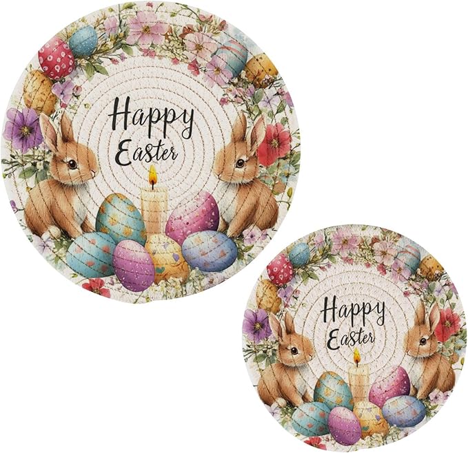 Watercolor Easter Wreath Bunnies Kitchen Trivets Pot Holders Set of 2, Trivets for Hot Pots Dishes Woven Trivet Coaster Pad Mat for Counter