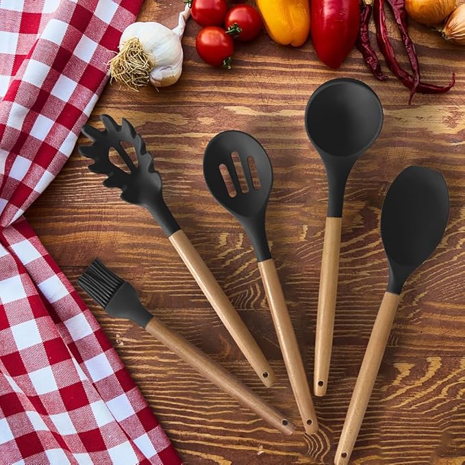Cooking Utensils Set- 35 PCs Kitchen Utensils with Grater,Tongs, Spoon Spatula &Turner Made of Heat Resistant Food Grade Silicone and Wooden Handles Kitchen Gadgets Tools Set for Nonstick Cookware