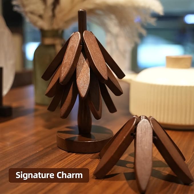 Artisanal Wooden Coasters Trivets Set – Foldable Wooden Tree Trivet with 4 Coasters & Stand – Heat Resistant Hot Plate Holder & Kitchen Accessories for Dining Table