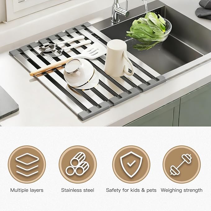 Roll Up Dish Drying Rack Over The Sink Kitchen,304 Stainless Steel, Foldable Organizer, 16.5"x13" Compact Size, Fits Kitchen & RV Sinks, Heavy Duty for Dishes, Fruits & Vegetables