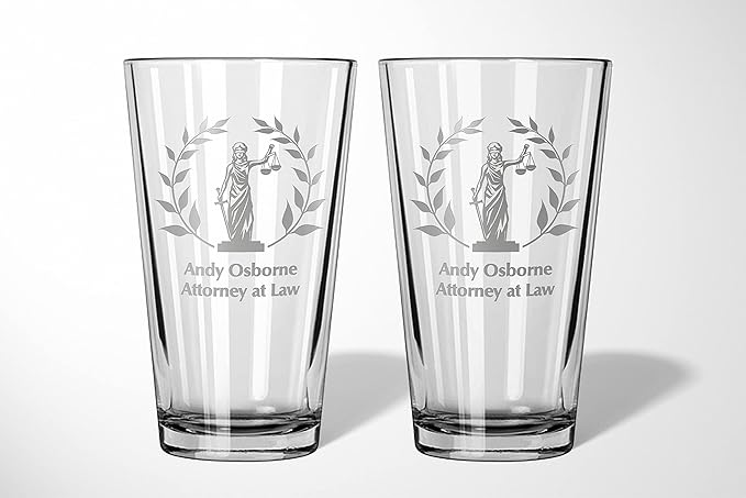 Alterd Industries Lawyer Gifts - Attorney Gift lawyer gifts for Men Court Case women office Pint Beer Whiskey Glasses Decanter Scales of Justice Law Office Esquire (Pair of Pint Glasses, Lady Justice)