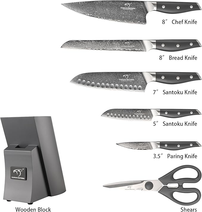 NANFANG BROTHERS Knife Set, 7-Pieces Damascus Kitchen Knife Set with Block, ABS Ergonomic Handle for Chef, Carving Fork, Disconnect-type Knife Block Set (Grey)