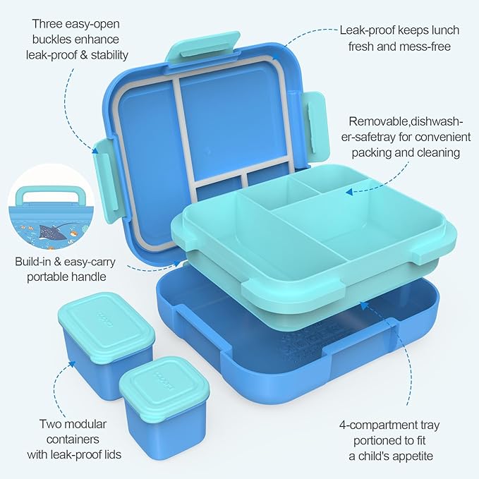 Caperci Bento Box for Kids - Leak-Proof Lunch Box Snack Container with 2 Modular Containers & 4 Compartments, Hold 4.8 Cups, Portable Handle, BPA-Free, Microwave/Dishwasher Safe (Sea Life)