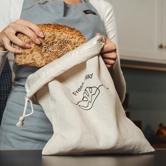 Simply H&K Reusable Linen Bread Bags for Homemade Bread [Pack of 3] - 12" x 15" - with Inner Lining - Sourdough Bags, Baking Gifts, & Baking Supplies for Home Bakers