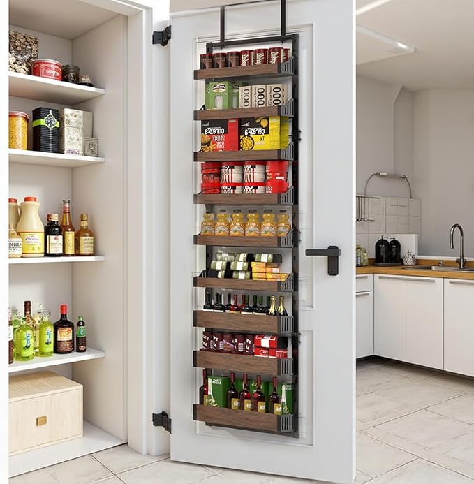 Over the Door Pantry Organizer: Pantry Organization and Storage with Hanging Basket - 9-Tier Metal Spice Rack Adjustable Shelves for Kitchen Bedroom Bathroom & Laundry Room Black