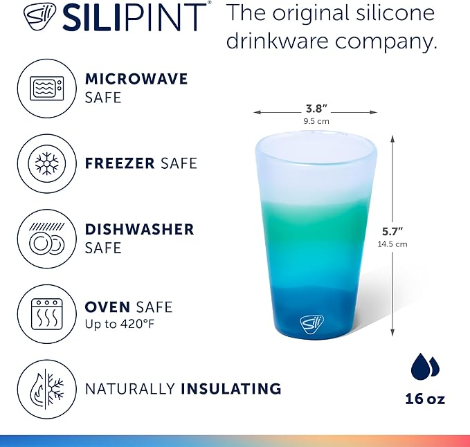 Silipint 16oz Silicone Pint Glass – Unbreakable BPA-Free Reusable Silicone Drinking Cup – Flexible Dishwasher Microwave & Freezer Safe – Stemless Glass for Water Coffee Smoothies, Pack of 4