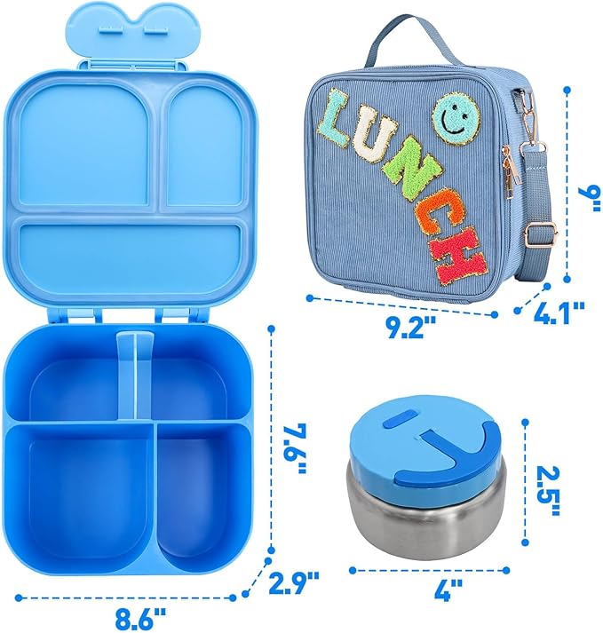 Lunch Box with Bento Box with 4 Compartment, with Leak Proof Thermo Food Jar, Preppy Corduroy Insulated Lunch Bag for Boys Girl Kids Teens School Travel Picnic (Blue)
