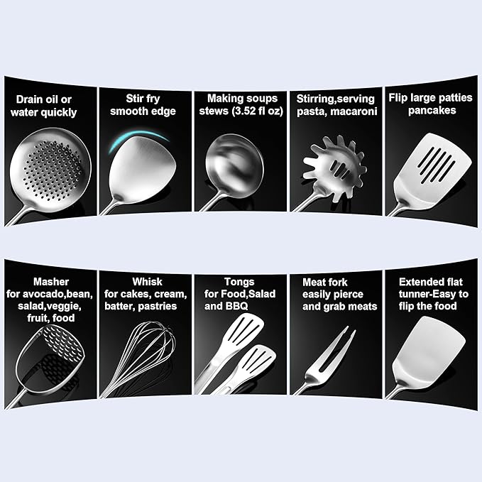 Kitchen Utensils Set Stainless Steel with Wooden Handle,Metal Cooking Utensils Set 12 PCS,Spatulas,Ladle,Skimmer,Tunners,Spaghetti Spoon,Fork,Potato Masher,Egg Whisk,Tongs