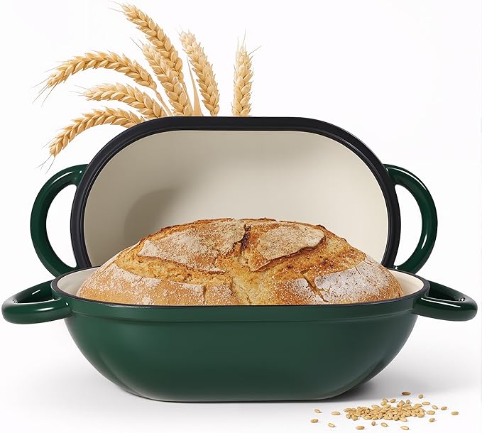 5 QT Oval Dutch Oven for Bread Baking, Enamelled Cast Iron Bread Oven for Sourdough, Sourdough Loaf Pan with Lid, Heavy-Duty Non Stick Bread Pan for Homemade Bread Baking, Green