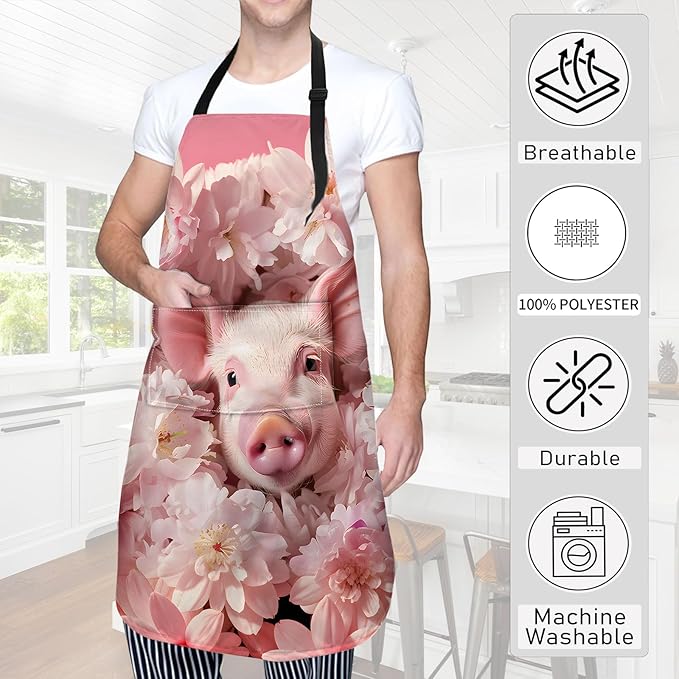 Flower Pig Apron,Oxford Fabric Adjustable Kitchen Apron with 2 Pockets,Waterproof Cooking Aprons for Men Women Mom Wife Dad,Ideal Gifts for Coffee House,Shop,Baking,BBQ,Housewarming,28x33in