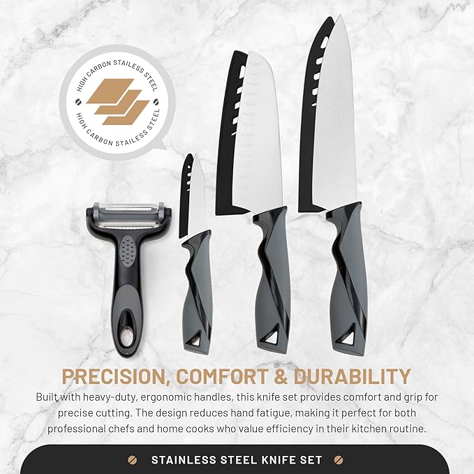 DFACKTO 7-Piece Kitchen Knife Set with Vegetable Peeler without Block – Stainless Steel Knives for Kitchen, Dishwasher Safe Cooking Knife Set with Covers, Sharp Cutting Knives for Cooking – Black Gray