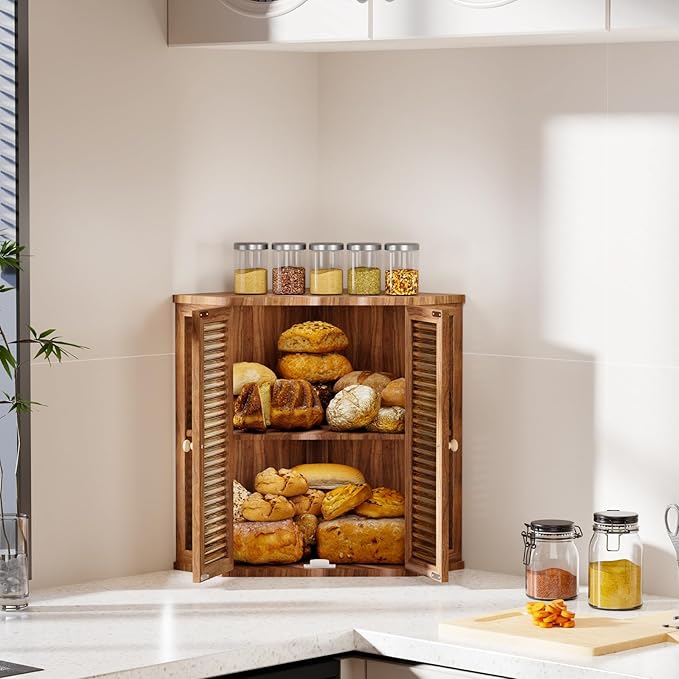 Corner Bread Box for Kitchen Countertop, Elegant Breadbox Organizer for Kitchen Countertop Cabinet 16.5in H,Large Double Layer Acacia Wooden Bread Storage Container with Glass Doors