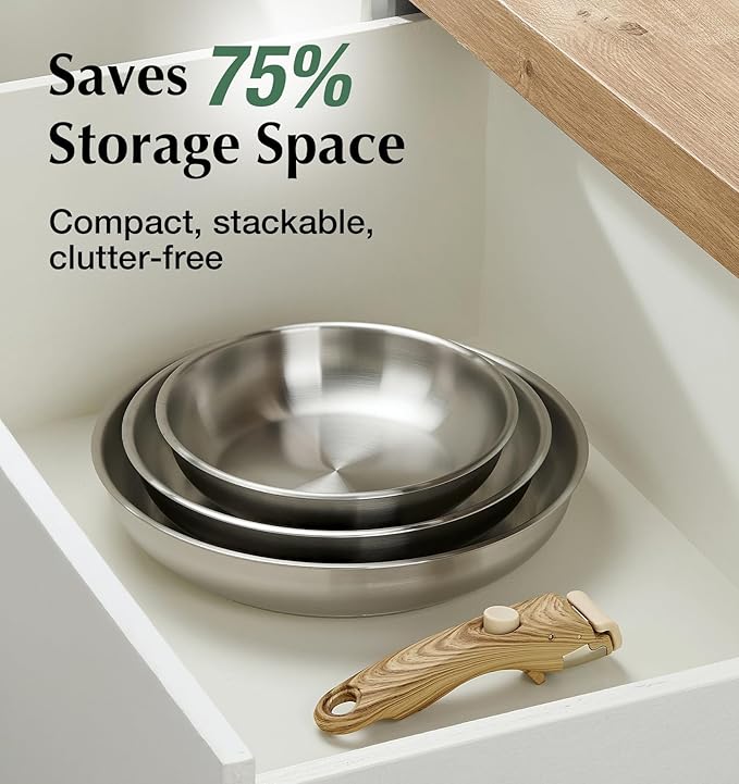 KOCH SYSTEME CS Stainless Steel Frying Pan Set, 18/10 Stainless Steel Pan Set with Stylish Removable Handles, Tri-Ply Steel Base, Save 75% Space, Induction Compatible Skillets, 8" & 9.5" & 11"